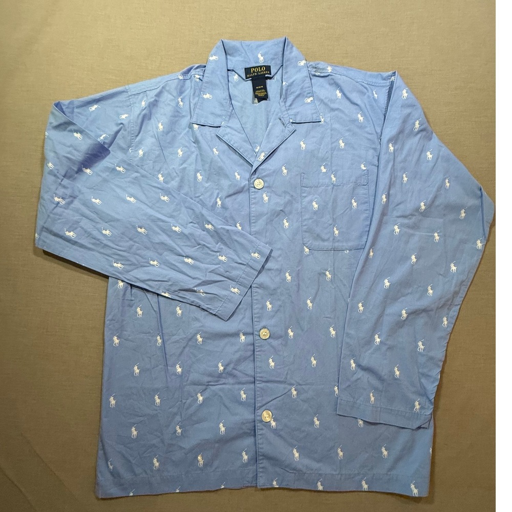 Polo‎ Ralph Lauren Mens Pajama Top Shirt Blue All Over Pony Logo Button Up M